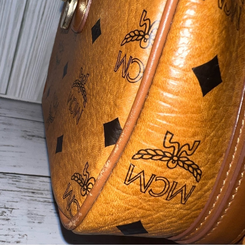 MCM Vintage Cognac Visetos Monogram Boston Satchel Bag with Gold Logo Plate - Picture 3 of 14